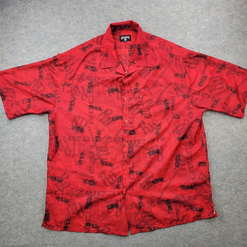 Rocawear Shirt Mens 2XL Red Graphic‎ Print Button Front Short Sleeve Streetwear
